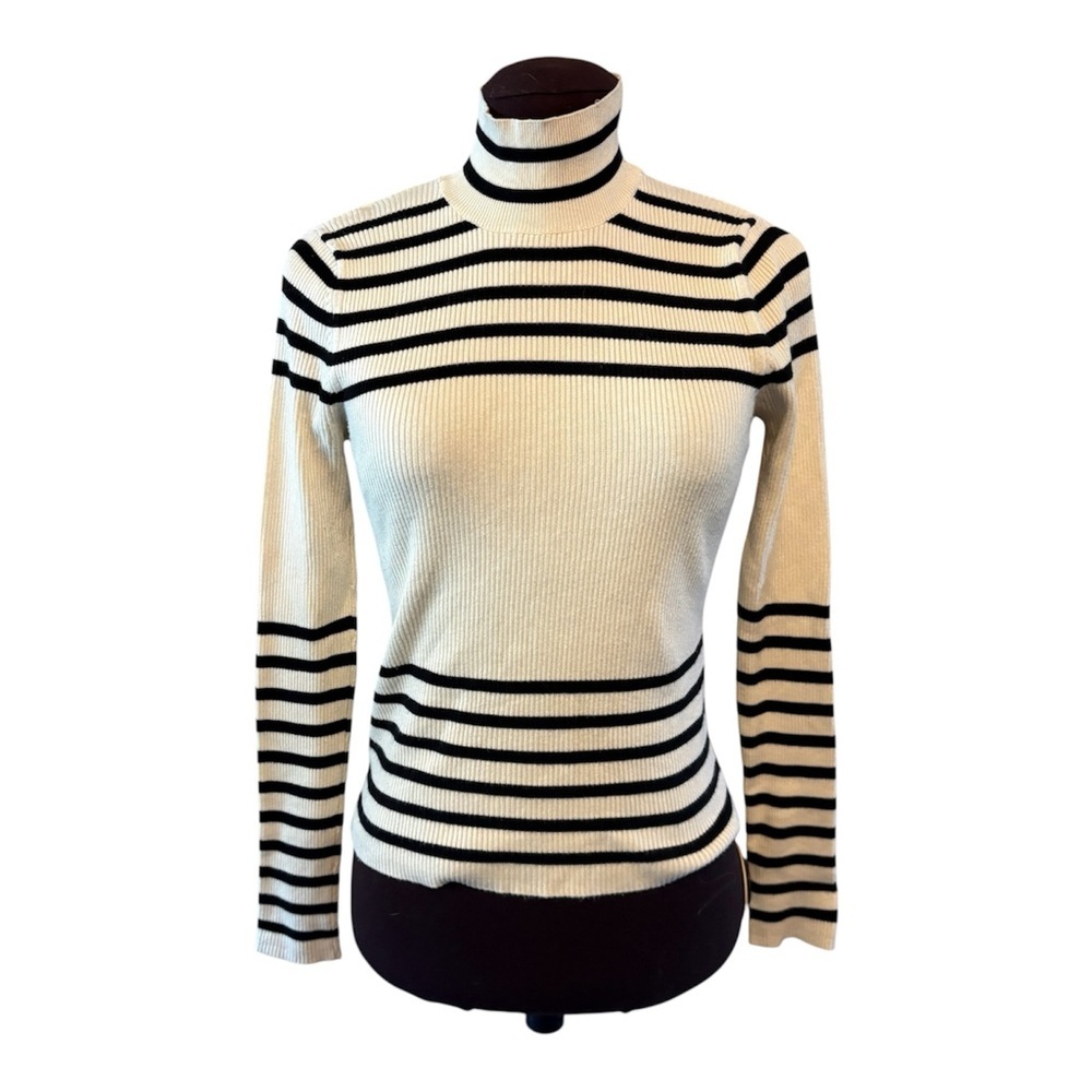 Women’s Zara Knit Cream and Black Striped Turtleneck, Womens size Medium